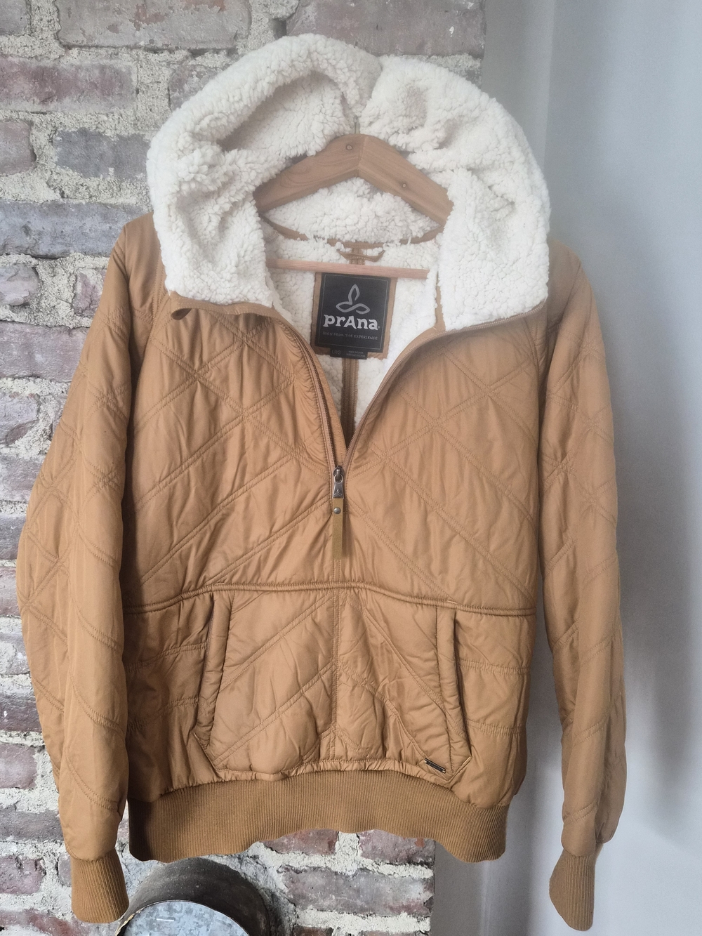 Prana Quilted Puffer Jacket with Sherpa Lining - Camel/Tan